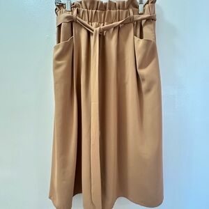 Polagram Camel Paperbag-Waist Midi Skirt with Tie